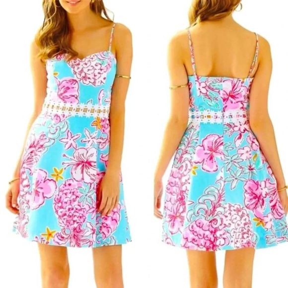 LILLY PULITZER 4 Lenore Dress Breakwater Blue Lolita w/ Sunglow Cutouts Lace - Picture 1 of 12
